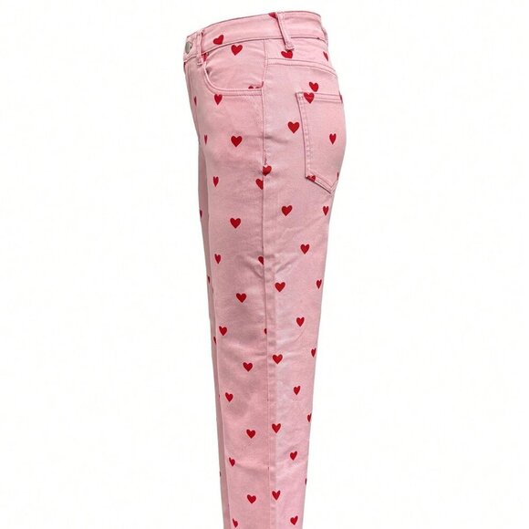 Pink Casual Women's Elastic Fitted Heart Pattern Narrow Leg Pants - Picture 2 of 3